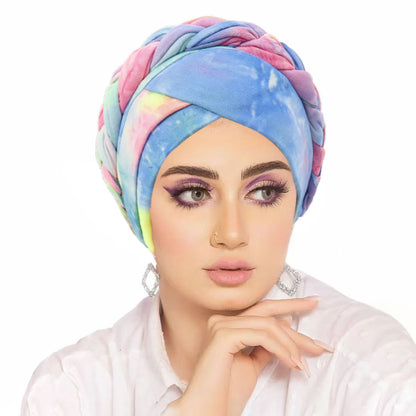 Women's Middle Eastern-Inspired Tie-Dye Headscarf - Gradient Orange to Pink Soft Non-Elastic Fabric with Intricate Tying, Turquoise Blue & Pastel Pink Marbled Pattern for Casual & Formal Wear, Versatile Cultural Fashion Acces