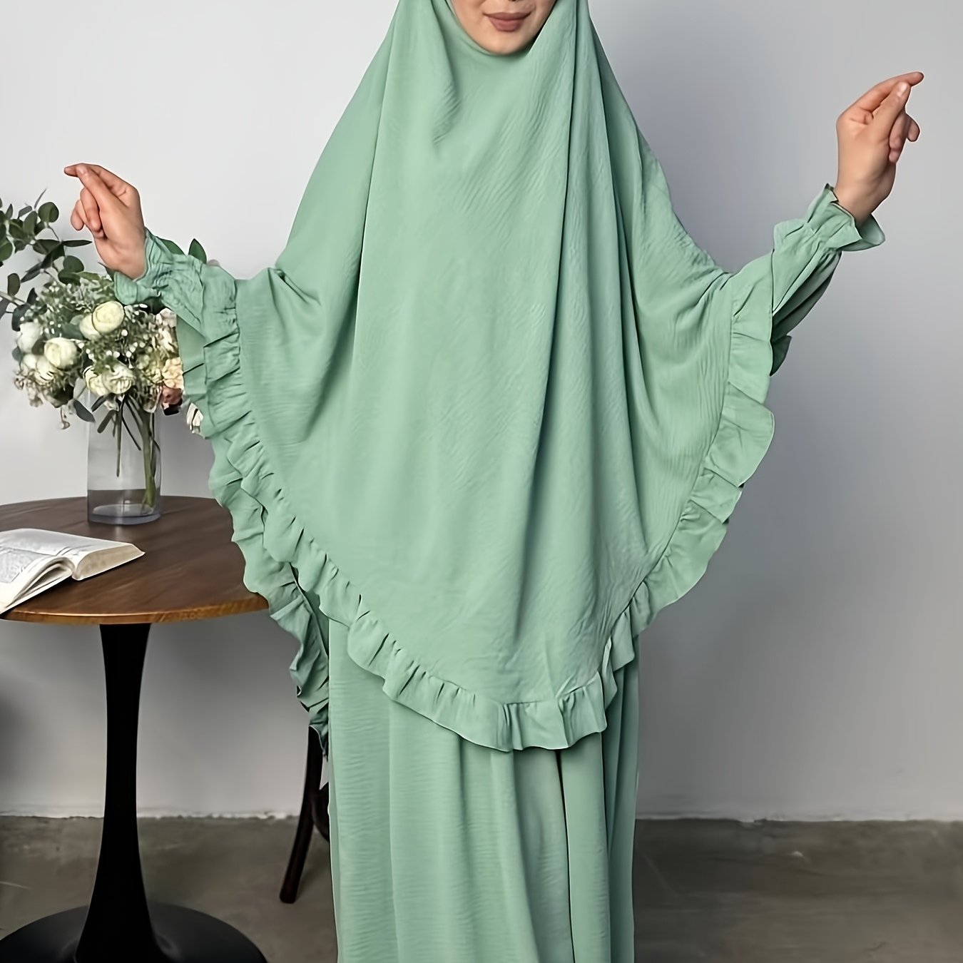 alalar- Middle East Dubai Two-Piece Set Solid Color Loose Abaya with Long Scarf for Women-عباية الحج والعمرة