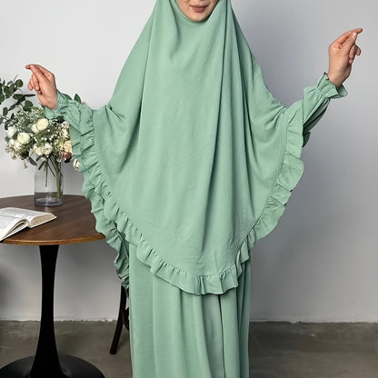 alalar- Middle East Dubai Two-Piece Set Solid Color Loose Abaya with Long Scarf for Women-عباية الحج والعمرة