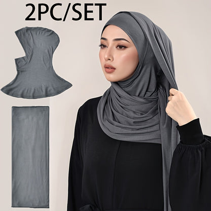 alalar-2pcs Muslim Women's Headscarf Set with Base Cap and Hair Tie-طقم حجاب نسائي مسلم مكون من قطعتين مع غطاء أساسي وربطة شعر،