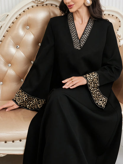 alalar-Elegant Black Abaya with Golden Embroidery-عباية سوداء بتطريز ذهبي