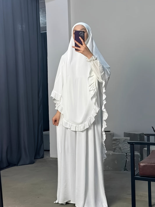 alalar- Middle East Dubai Two-Piece Set Solid Color Loose Abaya with Long Scarf for Women-عباية الحج والعمرة