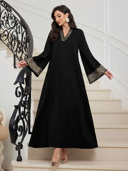 alalar-Elegant Black Abaya with Golden Embroidery-عباية سوداء بتطريز ذهبي