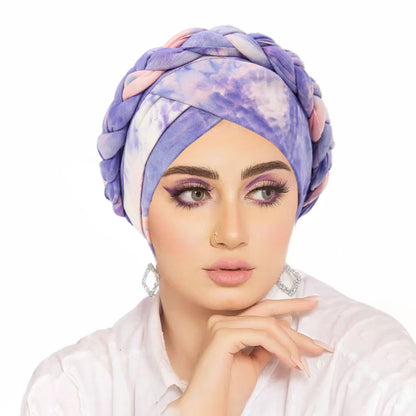 Women's Middle Eastern-Inspired Tie-Dye Headscarf - Gradient Orange to Pink Soft Non-Elastic Fabric with Intricate Tying, Turquoise Blue & Pastel Pink Marbled Pattern for Casual & Formal Wear, Versatile Cultural Fashion Acces