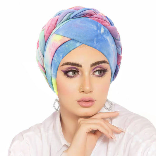 Women's Middle Eastern-Inspired Tie-Dye Headscarf - Gradient Orange to Pink Soft Non-Elastic Fabric with Intricate Tying, Turquoise Blue & Pastel Pink Marbled Pattern for Casual & Formal Wear, Versatile Cultural Fashion Acces