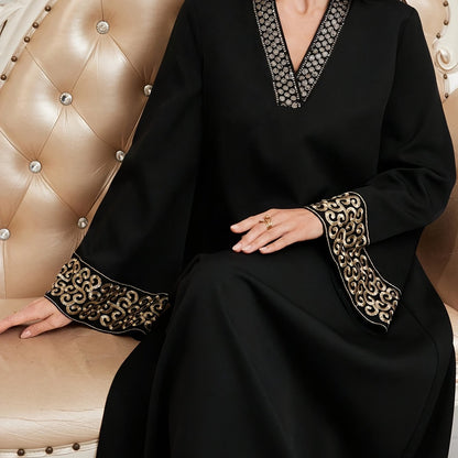 alalar-Elegant Black Abaya with Golden Embroidery-عباية سوداء بتطريز ذهبي