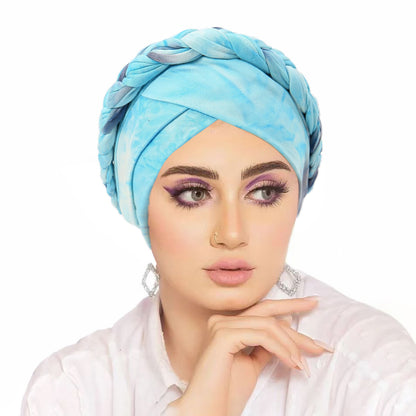 Women's Middle Eastern-Inspired Tie-Dye Headscarf - Gradient Orange to Pink Soft Non-Elastic Fabric with Intricate Tying, Turquoise Blue & Pastel Pink Marbled Pattern for Casual & Formal Wear, Versatile Cultural Fashion Acces