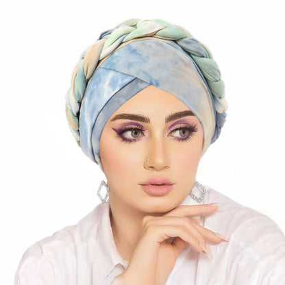 Women's Middle Eastern-Inspired Tie-Dye Headscarf - Gradient Orange to Pink Soft Non-Elastic Fabric with Intricate Tying, Turquoise Blue & Pastel Pink Marbled Pattern for Casual & Formal Wear, Versatile Cultural Fashion Acces