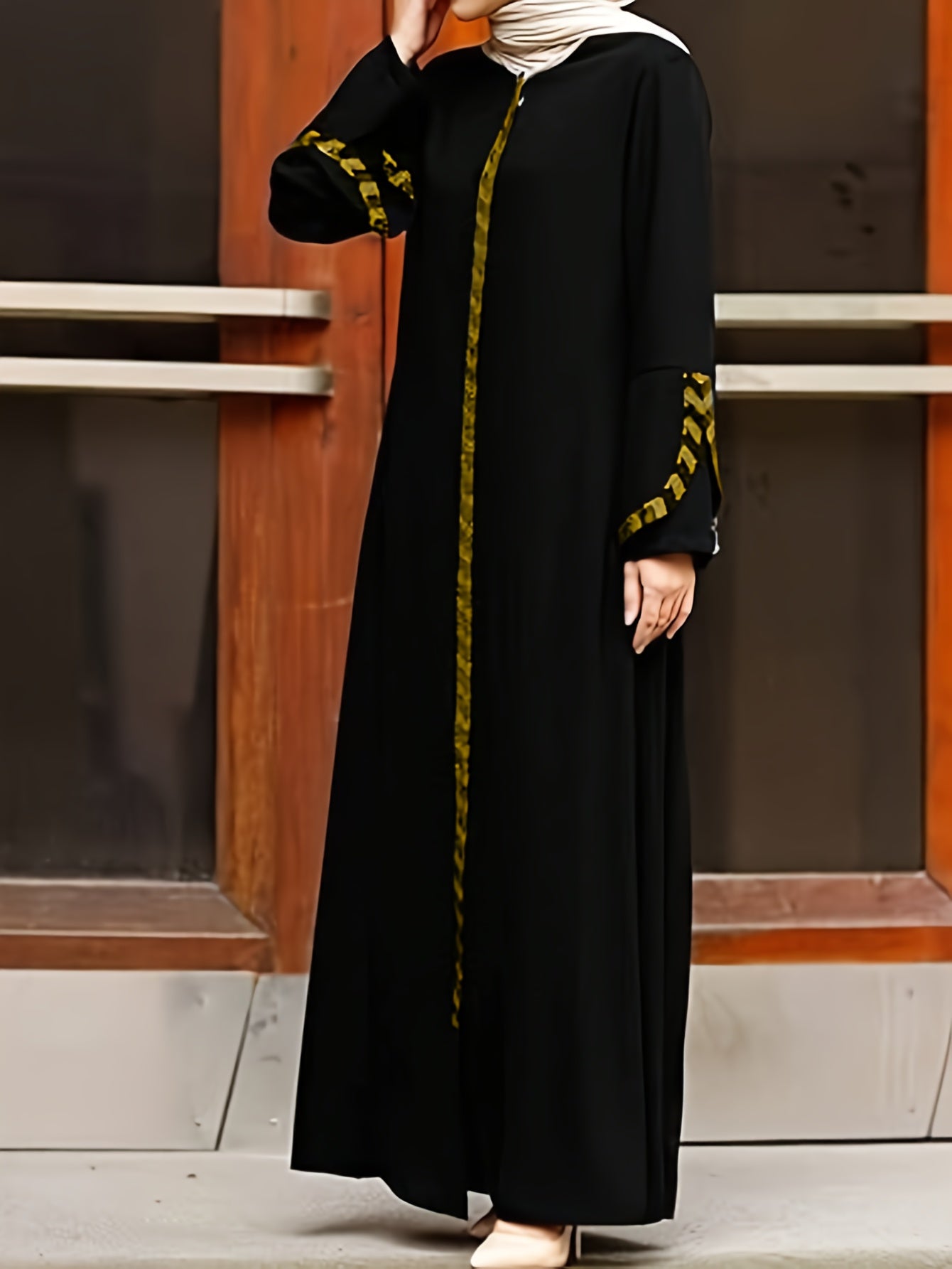 alalar-عباية نسائية أنيقة مخططة | أكمام طويلة، رقبة دائرية، سحاب إغلاق،[Elegant Abaya] Elegant Striped Women's Abaya | Long Sleeve, Round Neck, Zipper Closure, Non-Stretch Fabric,