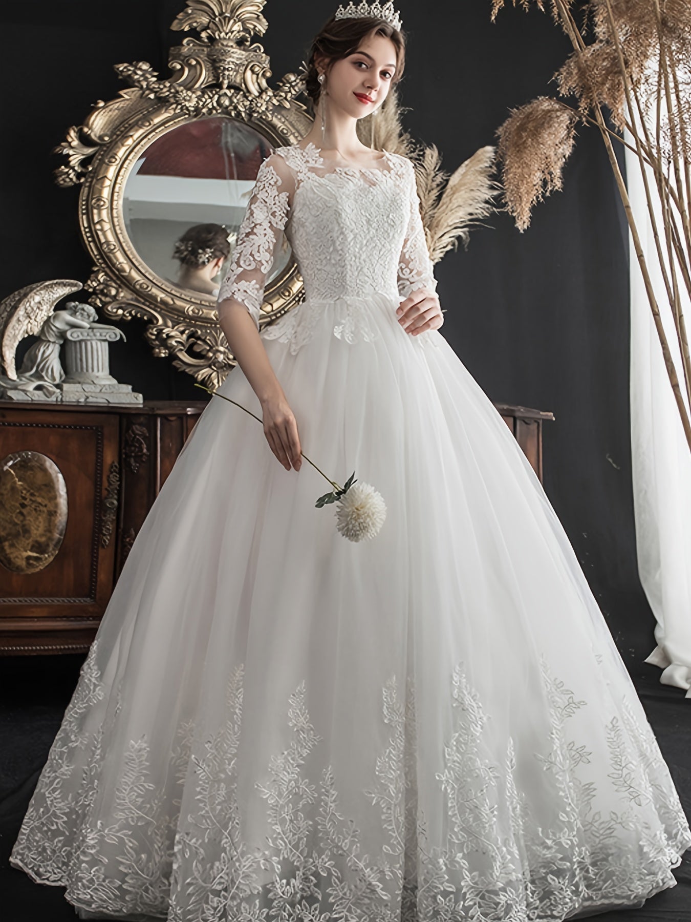 alalar-Plus Size - Plus Size, Plus Size -Line White Wedding Dress with Lace Embroidery -فستان عرس بحجم كبير