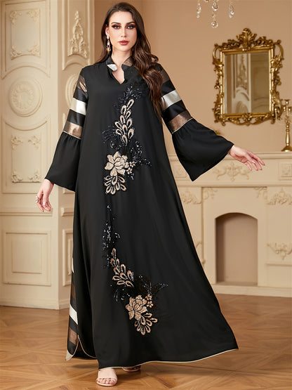 alalar | Ramadan Dubai Petal Sleeve Abaya – Black & Gold Sequin Floral Modest Dress